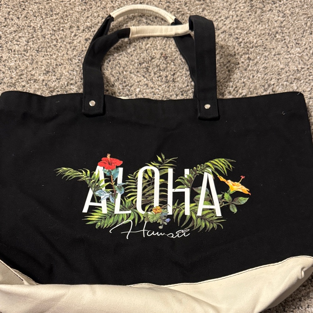 Aloha Floral Canvas Tote Bag - Black with Cream Trim